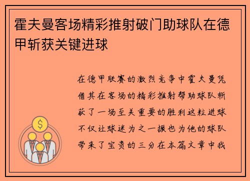 霍夫曼客场精彩推射破门助球队在德甲斩获关键进球